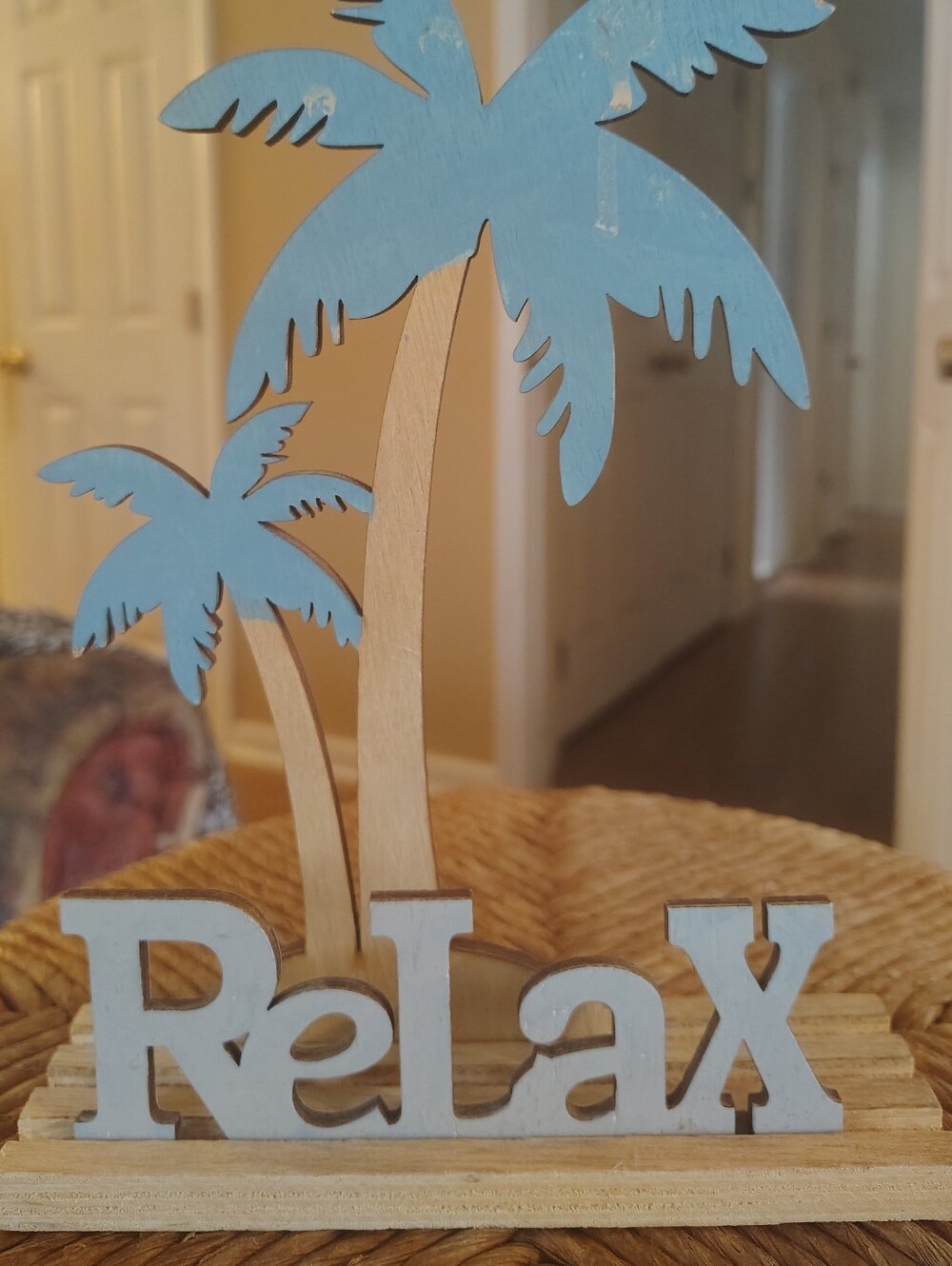 Chesapeake Bay, Wooden 'Relax' Palm Tree Decor - Light Blue & Natural Wood